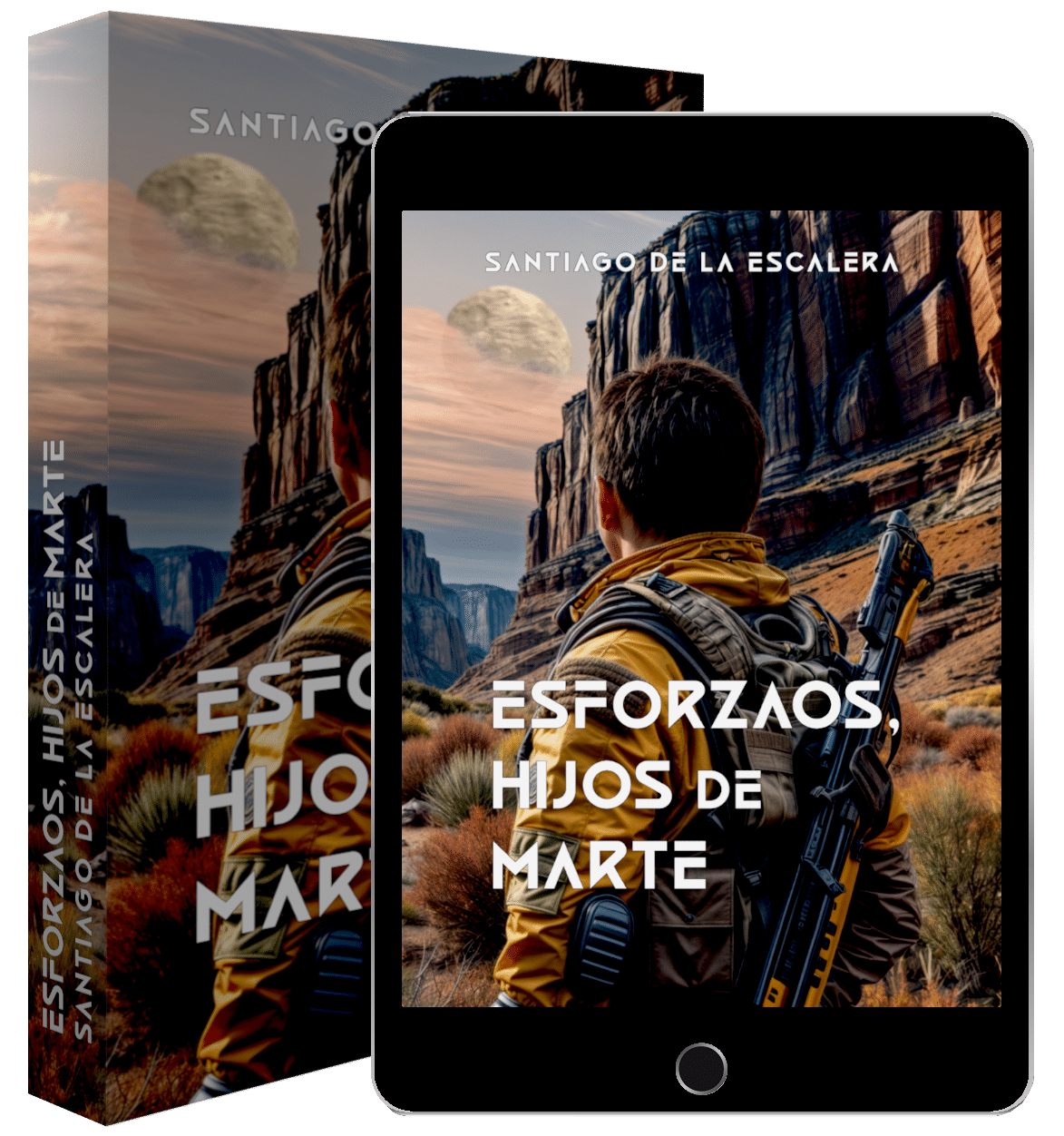 Libro y ipad de la novela de ciencia ficción española Comercio no autorizado, primera novela de Mercaderes interplanetarios de Santiago de la Escalera