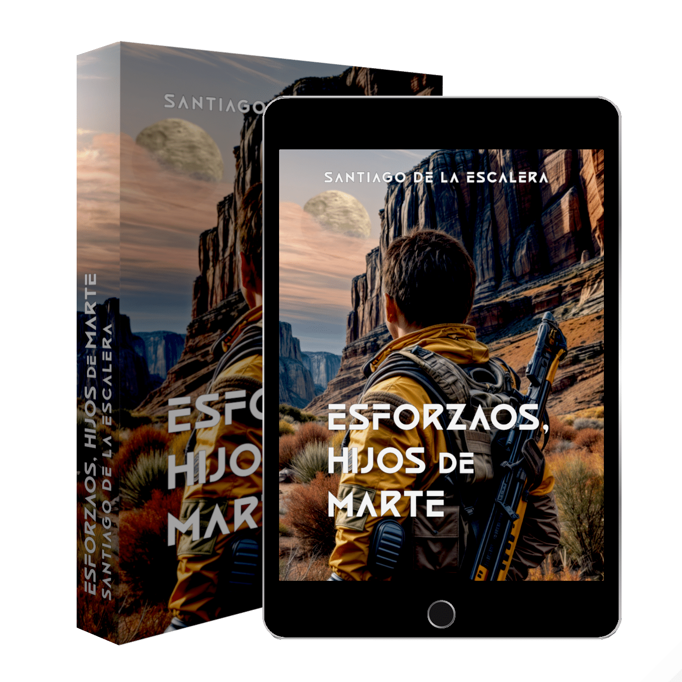 Libro y ipad de la novela de ciencia ficción española Comercio no autorizado, primera novela de Mercaderes interplanetarios de Santiago de la Escalera