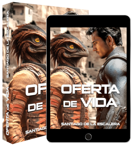 Libro y ipad de la novela de ciencia ficción española Comercio no autorizado, primera novela de Mercaderes interplanetarios de Santiago de la Escalera